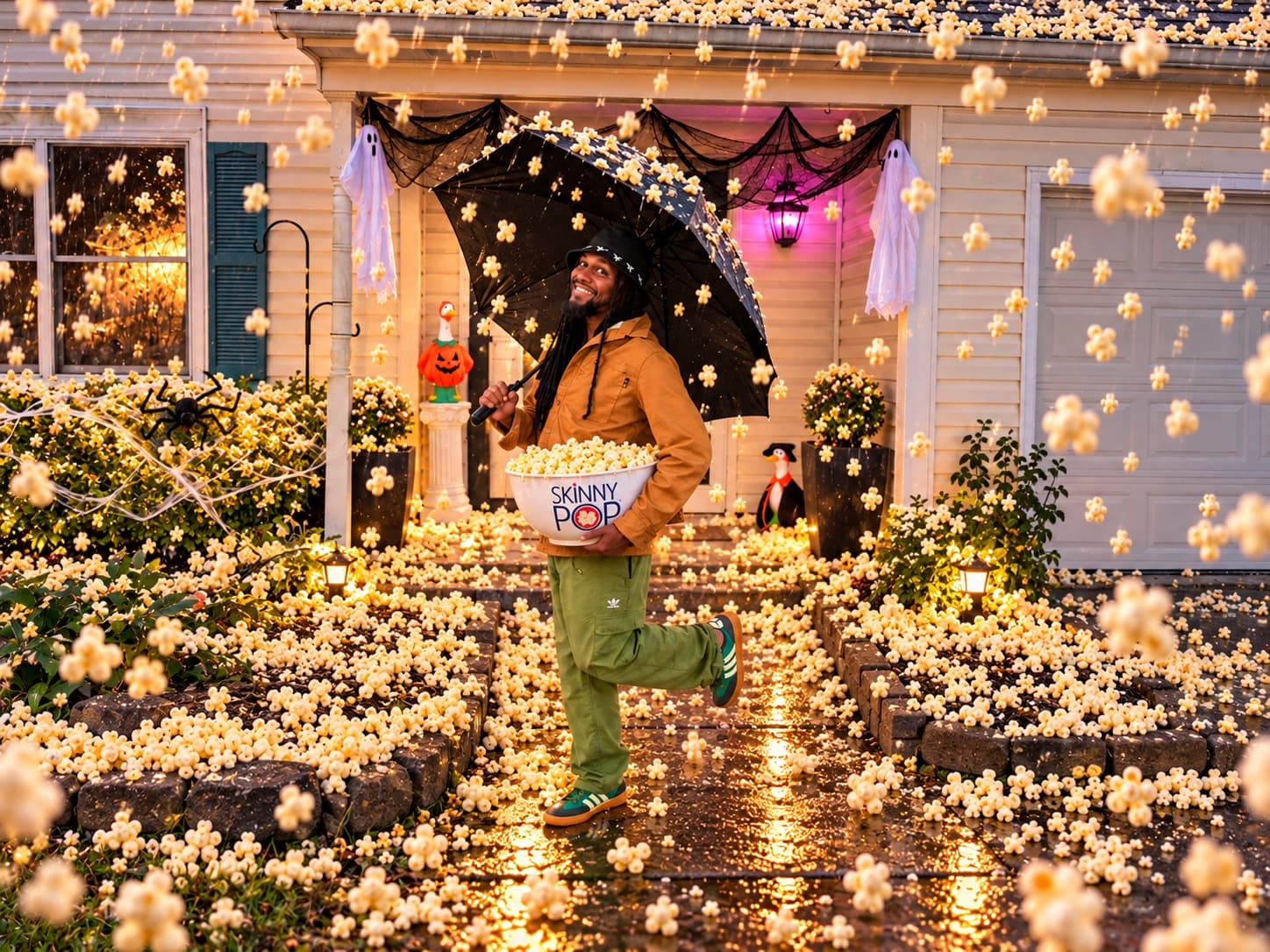 Miami Slim under an umbrella in a front yard as popcorn rains down at dusk
