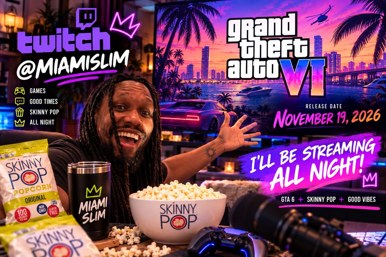 Miami Slim at his streaming desk with SkinnyPop, promoting an all-night GTA VI stream on November 19, 2026