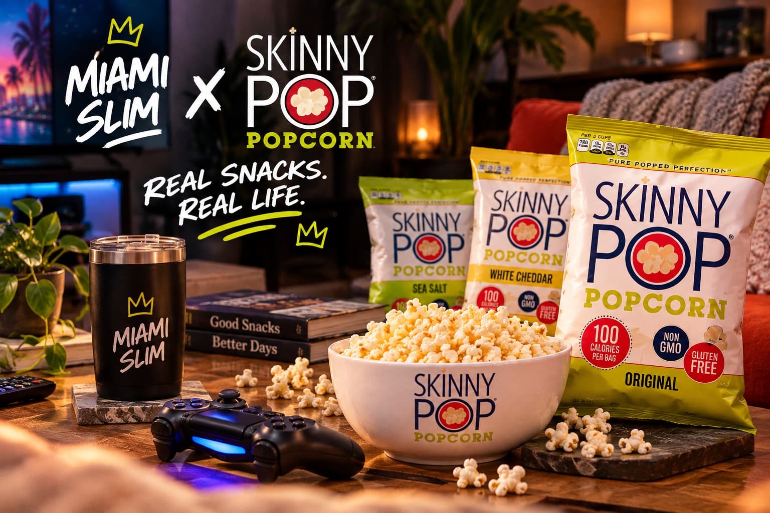 Miami Slim tumbler beside SkinnyPop Original, White Cheddar and Sea Salt bags